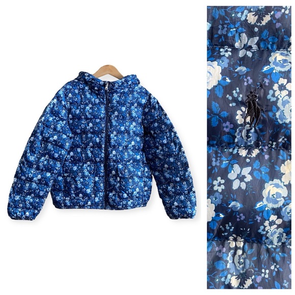 Polo Ralph Lauren Blue Floral Water Resistant Hooded Puffer Coat 8 - Picture 1 of 14